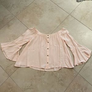 Blush pink off the shoulder button up blouse